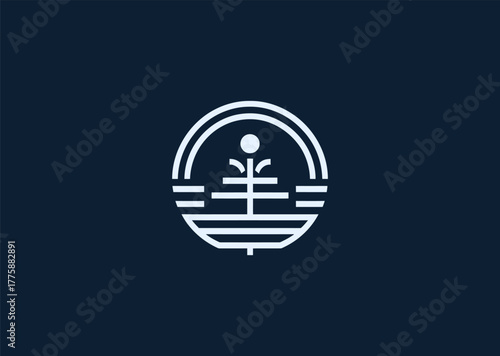 A minimalist fountain logo in elegant line style, featuring flowing water arcs with balanced symmetry, symbolizing purity, creativity, and continuous inspiration in vector design