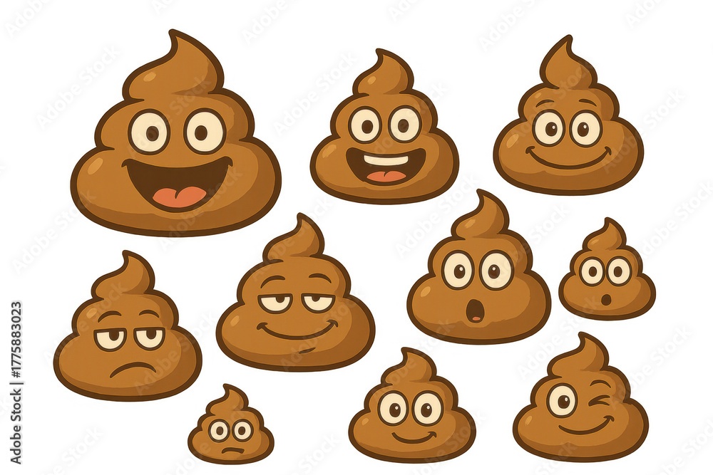 Obraz premium Poop emoji characters with different facial expressions in a set showing a range of emotions, transparent background