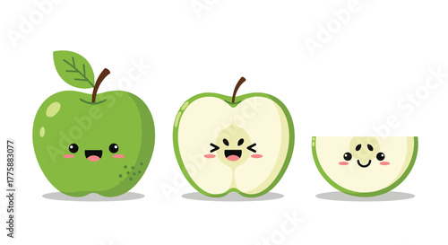 A cheerful illustration depicts three adorable green cartoon apples, showcasing a whole fruit, a half, and a slice, each with a charming happy face.