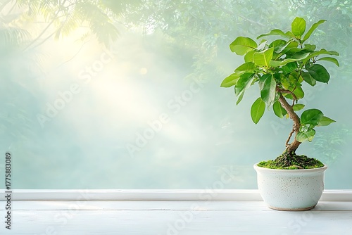 Bright indoor plant with lush green leaves on windowsill against soft blurred background