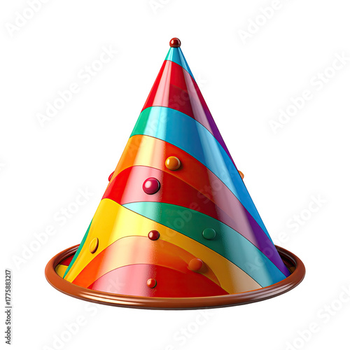 Striped cone hat, rainbow hues, glossy drops on dark back