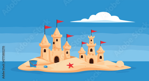 A charming sandcastle, adorned with red flags and towers, sits on a sandy island in the blue ocean, accompanied by a bucket, starfish, and shell.