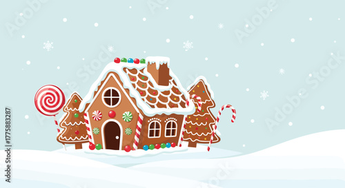 Adorable gingerbread house with festive candy decor and snow-dusted trees in a gentle snowfall, creating a sweet holiday scene.