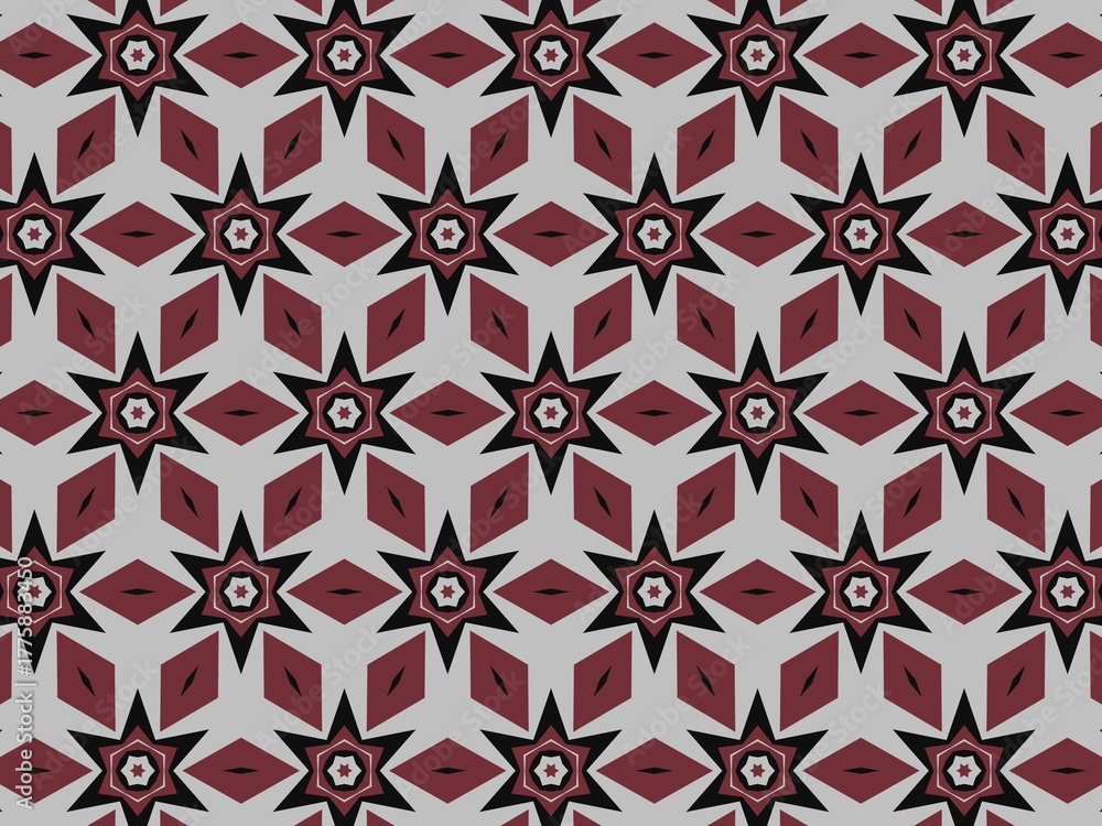 Fototapeta premium Geometric pattern with stars and diamonds in burgundy tones.