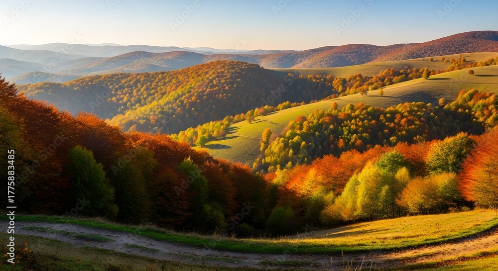Obraz premium Rolling hills showcase vibrant autumn foliage under a clear blue sky casting long shadows