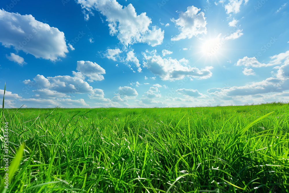 Obraz premium Green Grass Field Under Blue Sky with Bright Sun and White Clouds