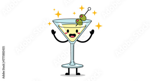 A cute animated martini cocktail glass with a happy face, arms, and legs, adorned with olives and shimmering stars.