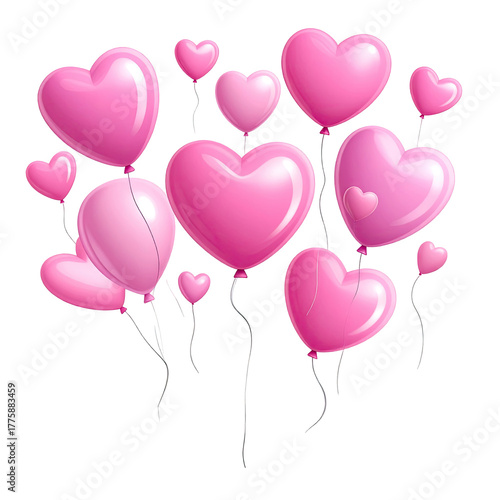Pink heart balloons float, attached by curly black strings