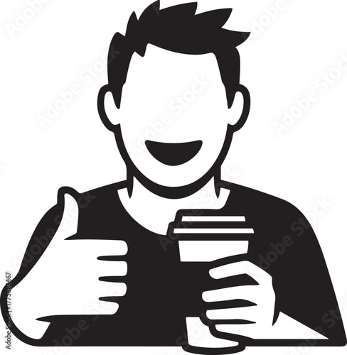 Happy Man Holding Coffee Cup and Giving Thumbs Up Vector
