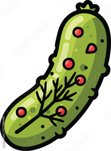Green Pickle With Red Seeds And Dill Sprig Isolated On White Background