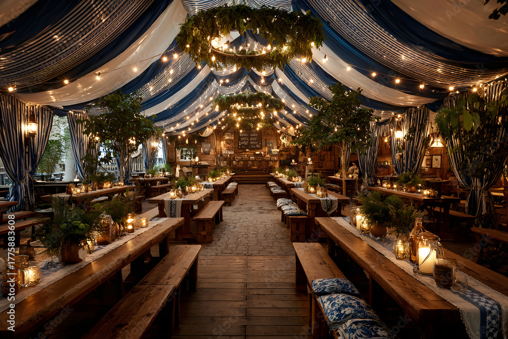 Obraz premium Large beer hall tent with blue and white stripes, decorated with festive lights and wooden benches