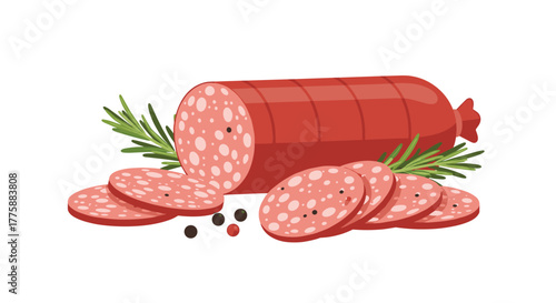 A delicious salami sausage, partially sliced and garnished with fresh rosemary and black and red peppercorns, ready for a meal.