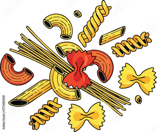 Assorted Dry Pasta Collection Featuring Bowtie Fusilli Macaroni and Spaghetti Noodles in Yellow and Red Hues