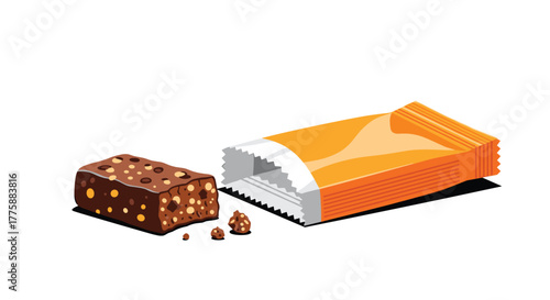 A delicious chocolate granola bar, rich with nuts and grains, is unwrapped from its vibrant orange and white foil packaging, with crumbs scattered nearby.