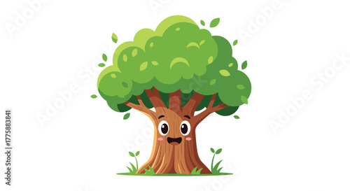 A cheerful cartoon tree with a happy smiling face, rosy cheeks, and vibrant green foliage stands on a small patch of grass.