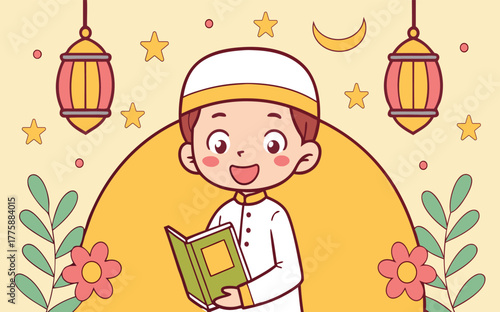 Smiling Muslim boy in a taqiyah is holding and reading a book indoors
