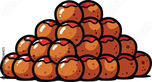 Pile Of Round Brown Meatballs With Red Sauce Topping Stacked Pyramid Shape