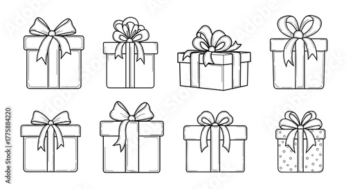 Set of outline gift boxes adorned with decorative ribbons and bows, perfect for holidays, birthdays, and festive events.