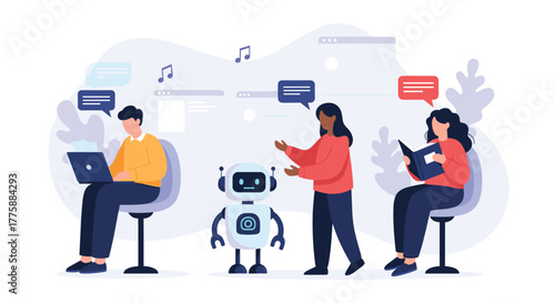 People interact with a robot and digital technology, engaging in communication, learning, and online activities.