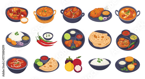 A vibrant collection of traditional Indian cuisine, featuring an assortment of delicious curries, breads, rice, snacks, and fresh fruits.