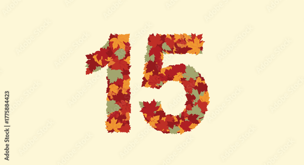 Fototapeta premium The number fifteen is intricately formed by a collage of vibrant red, orange, and green autumn leaves, set against a soft, light background.