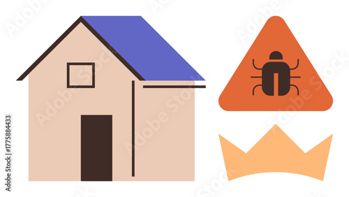 House structure alongside pest warning in a triangular sign and crown symbol. Ideal for pest control, safety, home care, protection, awareness, threat prevention, security representation. Simple flat