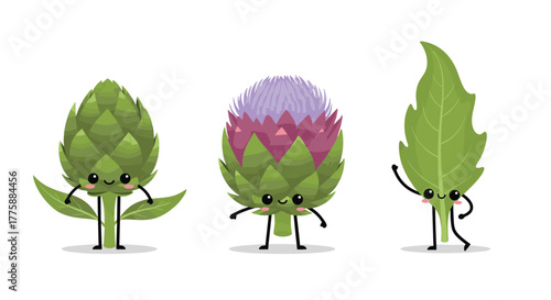 Cheerful cartoon artichoke, thistle flower, and leaf characters with smiling faces and tiny limbs, perfect for botanical and natural themes.