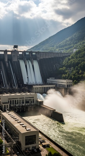 Massive concrete dam with water cascading through spillways generating a powerful force on a sunny day