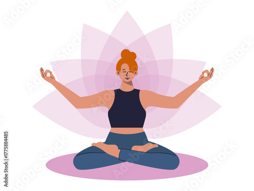 Young woman in yoga exercise in Trance position. Meditation vector illustration. Flat illustration concept.