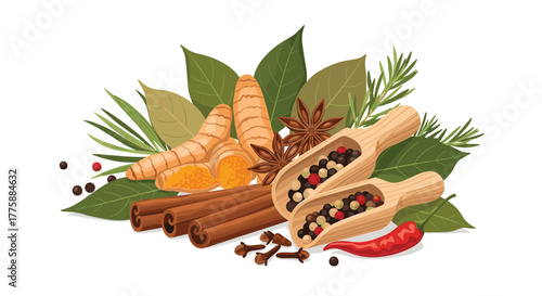 A vibrant collection of aromatic culinary spices and fresh herbs, including turmeric, cinnamon, bay leaves, peppercorns, and chili, beautifully arranged.