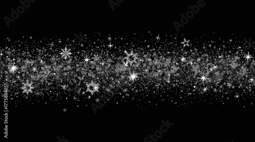 A shimmering band of snowflakes and glittering stars sparkles against a stark black background, creating a festive and elegant winter design element.