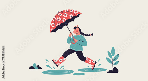 A whimsical character with horse ears skips through puddles on a rainy day, holding a cheerful floral umbrella and wearing matching boots.