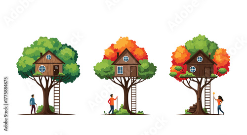 Illustration of three charming treehouses with ladders, each featuring different tree foliage and a person standing nearby.
