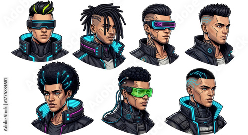 A diverse collection of cyberpunk male portraits featuring futuristic hairstyles, glowing neon visors, and high-tech fashion