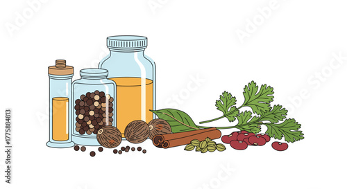 Colorful illustration of various cooking ingredients, including whole spices like nutmeg and peppercorns, fresh herbs, bottled oils, and beans, arranged on a white background.