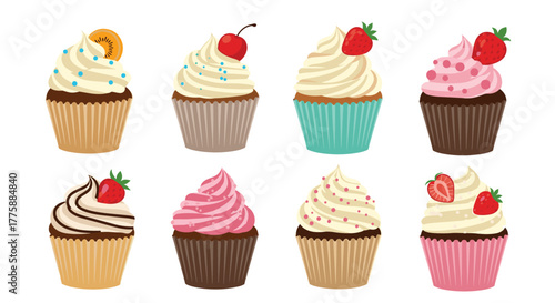A vibrant assortment of eight delicious cupcakes adorned with colorful frostings, sprinkles, and fresh fruit toppings, isolated on white.