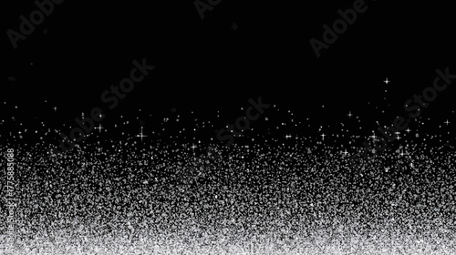 Abstract shimmering white particles against a dark black background, creating a dynamic, modern, and visually appealing design element for various creative projects.