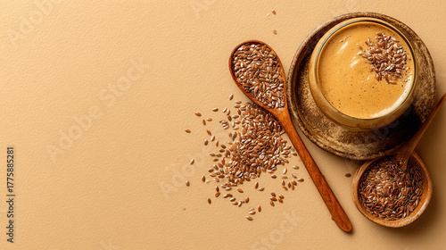 Nutritious flaxseed drink served in a bowl with scattered seeds on a beige background