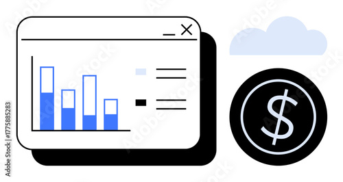 Bar chart on a browser window with financial growth concept alongside a dollar coin and cloud. Ideal for finance, analytics, economy, budgeting, investment, strategy, business. Simple flat metaphor