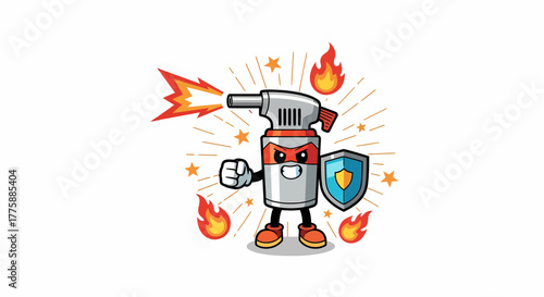 Cartoon character of a powerful blowtorch with a shield and flames.
