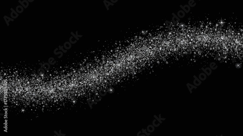 A shimmering, abstract wave of glittering particles gracefully curves against a stark black background, creating a sense of movement and visual interest.