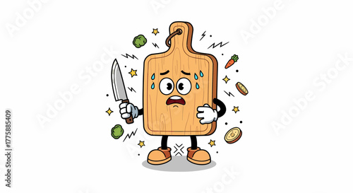 Cartoon cutting board character holding knife looking scared and worried.
