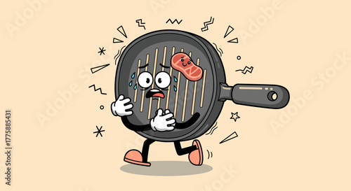 Cartoon Grill Pan Character Running with Steak Expressing Fear.