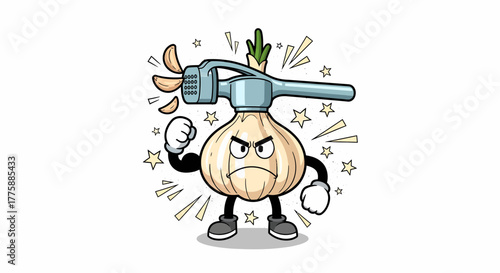 Cartoon Garlic Character with Angry Expression and Garlic Press.