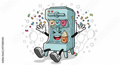 Cartoon Ice Cream Machine Character Celebrating with Confetti and Ice Cream.