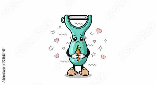 An adorable sad vegetable peeler cartoon mascot holding a carrot.