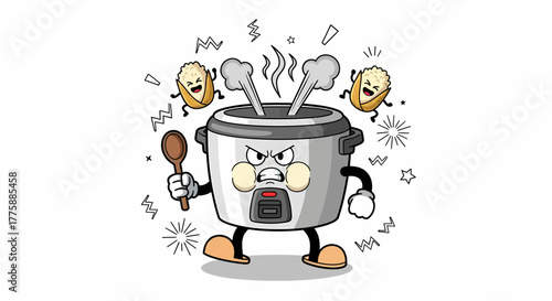 Angry cartoon rice cooker mascot steaming with rage.