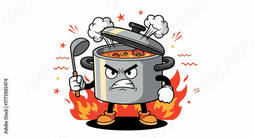 Angry cooking pot character holding ladle over fire with steam.