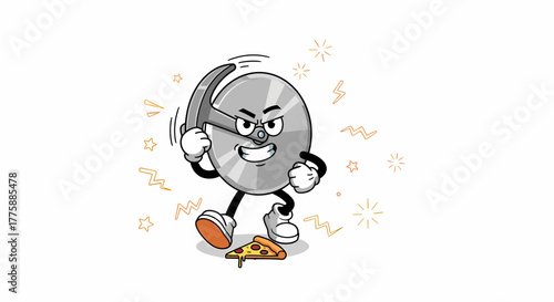 Angry Hard Drive Character with Pizza Slice.