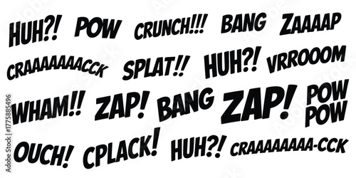 Comic book style sound effect words like lettering POW, BANG, ZAP, and CRUNCH, Collection of comic book sound effects and onomatopoeia words for action scenes, Vector illustration